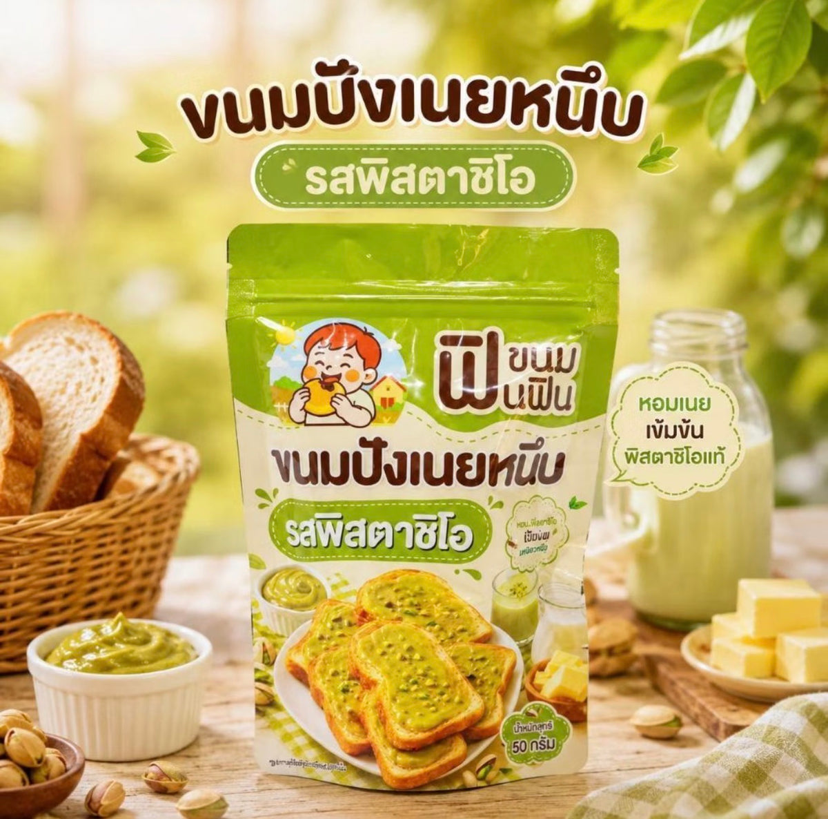 ฟินฟิน ขนมปังเนยหนึบ รสพิสตาชิโอ 50g.