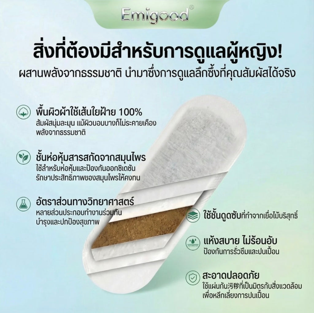 Emigood แผ่นอนามัยสมุนไพรบัวหิมะ ผ้าฝ้ายแท้ ลดกลิ่น บำรุงจุดซ่อนเร้น (6 ชิ้น)