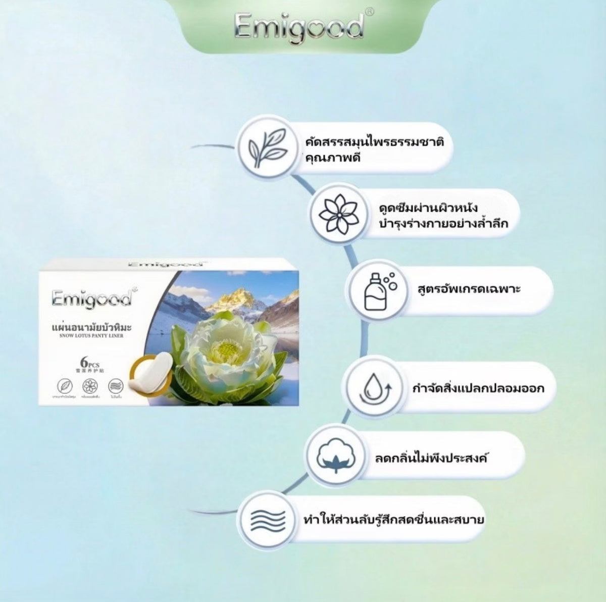 Emigood แผ่นอนามัยสมุนไพรบัวหิมะ ผ้าฝ้ายแท้ ลดกลิ่น บำรุงจุดซ่อนเร้น (6 ชิ้น)